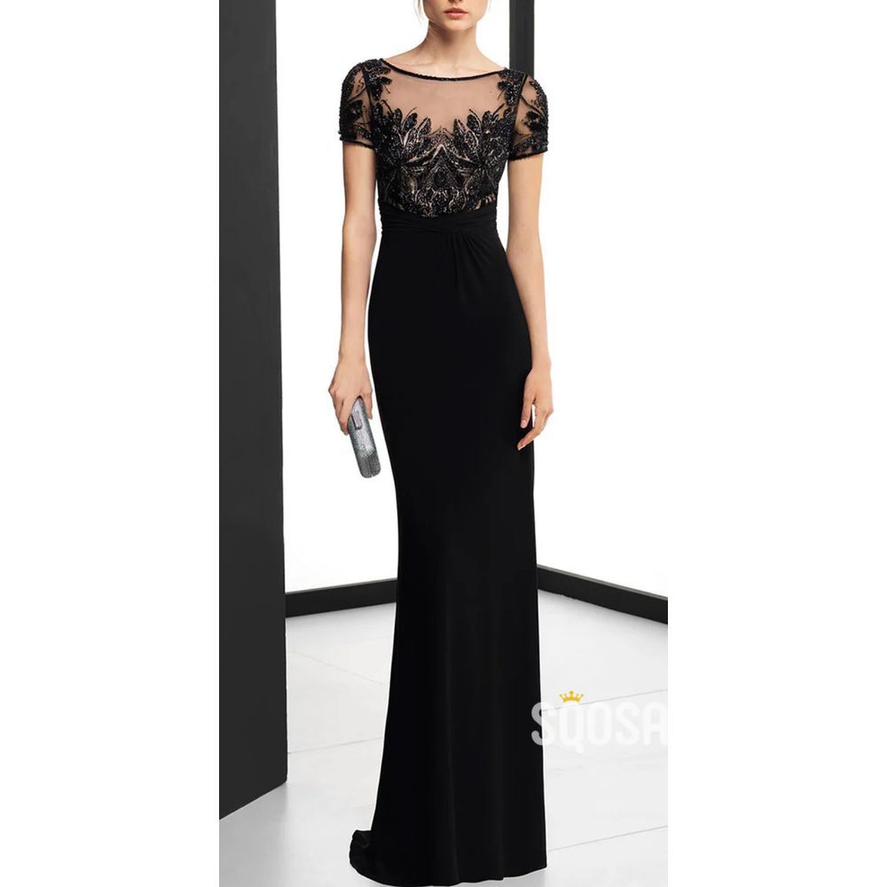 David‎ Meister Long Sheath Black Applique Illusion Beaded Gown, sz 2, Prom